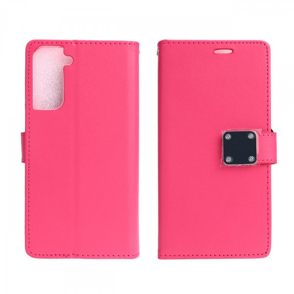 Wholesale Multi Pockets Folio Flip Leather Wallet Case with Strap for Samsung Galaxy S21 Plus 5G (Hot Pink)